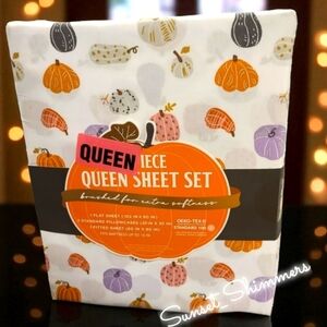 4 Piece Fall Halloween Colorful Pumpkin Patch Queen Bed Sheet Set NEW